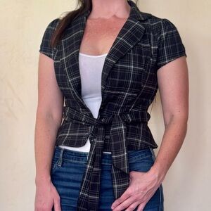 Toy Box Clothing Plaid Short Sleeve Blazer with Tie Belt